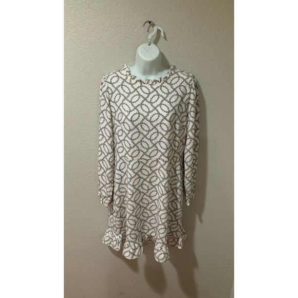 Loft Ruffle Flare Dress White Black Floral Long Sleeve Ruffle Hem size 8 #1094 - Picture 2 of 8